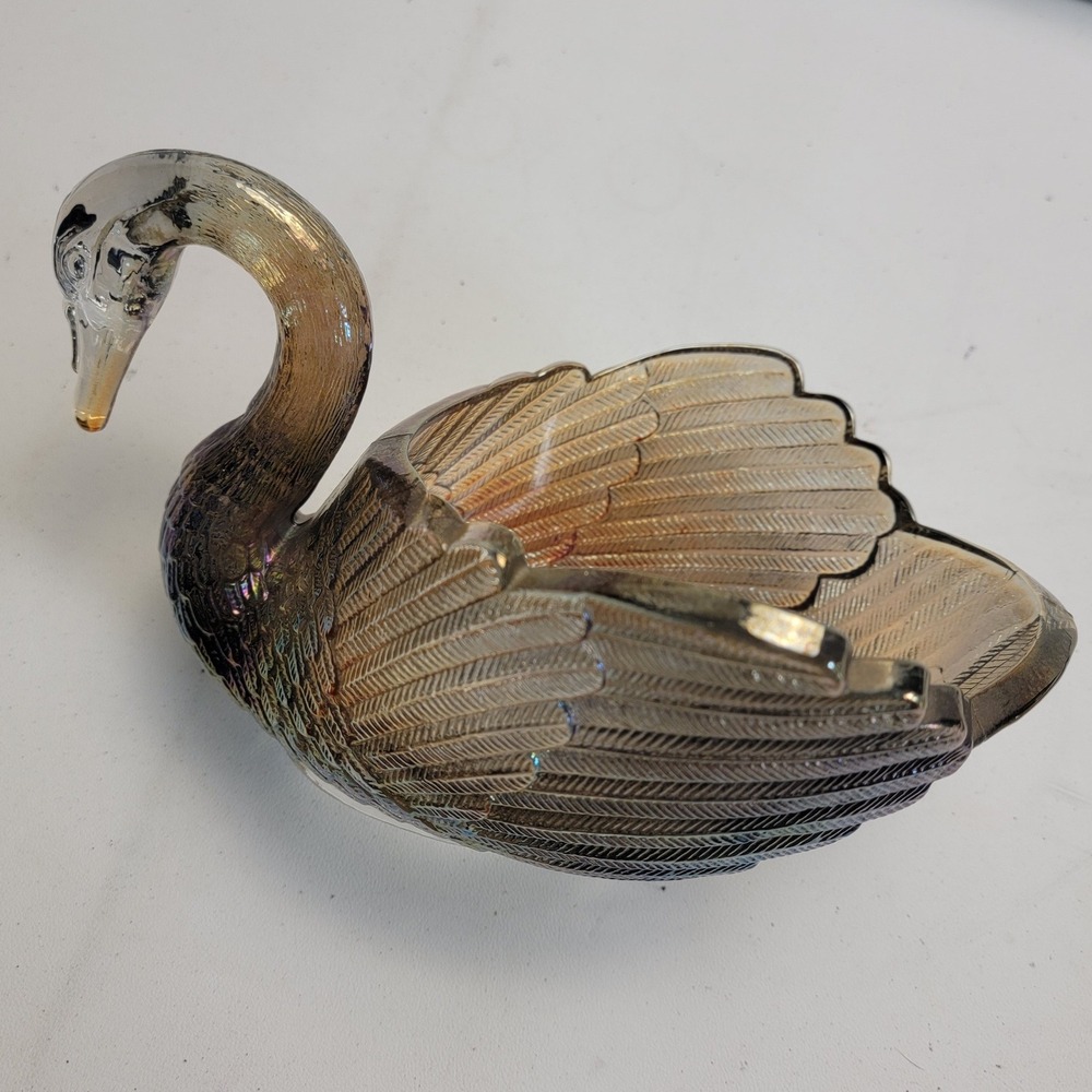 Imperial Glass Smoke Carnival Glass Swan Dish Figurine Iridescent IG Mark